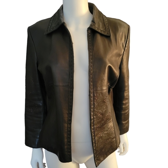 Brandon Thomas Leather Jacket with floral cutouts Black M